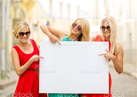 Three Happy Blonde Women With Blank White Board Stock Photo Download