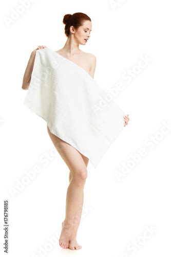 Naked Woman Hiding Behind Towel After Bath Zdj Stockowych I Obraz W