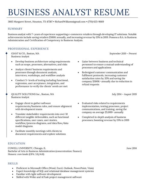 Business Analyst Resume Sample Writing Tips