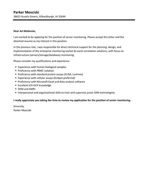 Senior Monitoring Cover Letter | Velvet Jobs