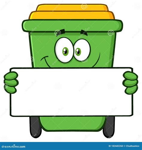 Smiling Green Recycle Bin Cartoon Mascot Character Holding A Blank Sign
