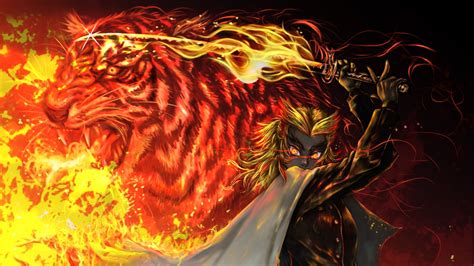 Demon Slayer Tiger Kyojuro Rengoku On Fire Hd Anime Wallpapers Hd