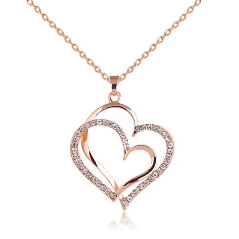 Women Fashion Jewelry Rose Gold Color Crystal Double Heart Pendant