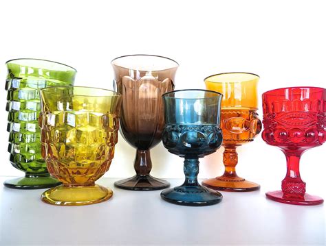 Mismatched Colored Glasses Set Of 6 Retro Glass Goblet Set Mixed