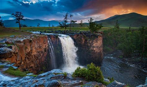 Mongolia Sky Clouds Sunset River Waterfall Tree Mountain