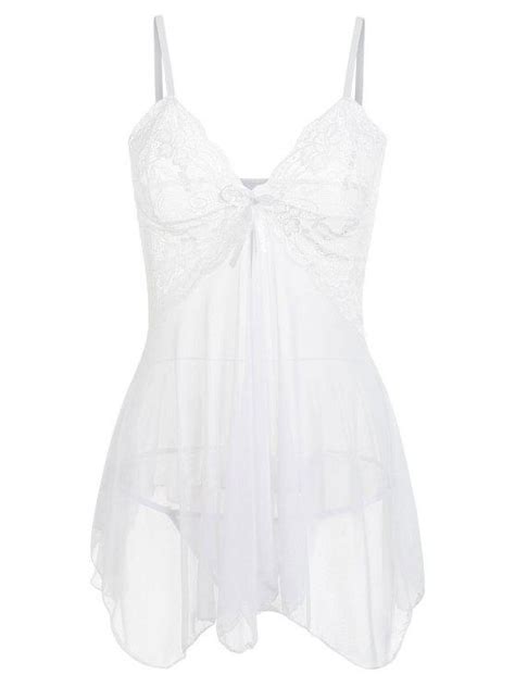 17 Off 2021 Flyaway Lace And Mesh Babydoll In White Zaful