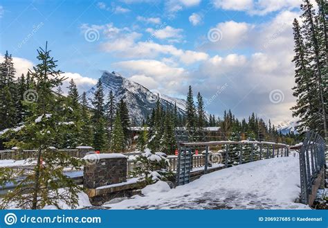 Town Of Banff Street View In Snowy Winter Banff National Park Stock