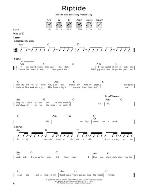 Once you learned how to play riptide on ukulele you can go learn some other songs, like the ones found on the easy songs to play on ukulele page. Riptide sheet music by Vance Joy (Guitar Lead Sheet - 162699)