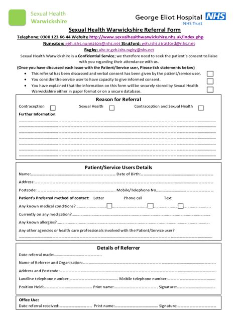 Fillable Online Sexual Health Warwickshire Referral Form Fax Email