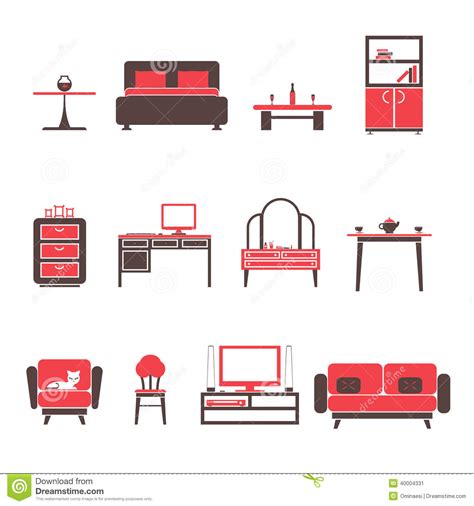 Sala de estar, cocina, baño. Iconos De Los Muebles Y Sistema De Símbolos Planos Para El ...