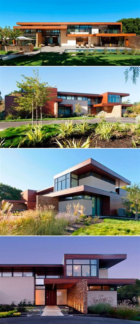 Three Different Views Of A Modern House From The Outside And Inside
