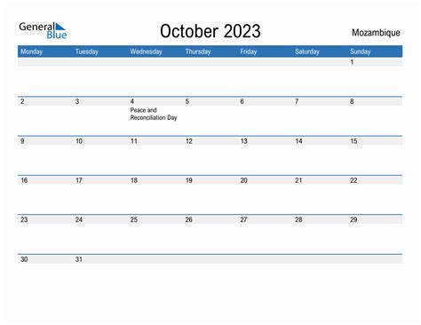 Editable October 2023 Calendar With Mozambique Holidays