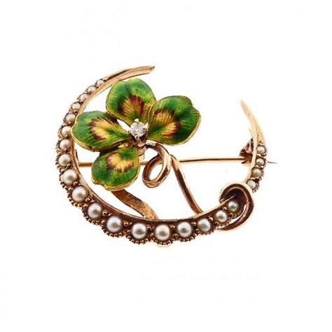 Art Nouveau 14k Gold Enamel Diamond Pearl 4 Leaf Clover Honeymoon Pin