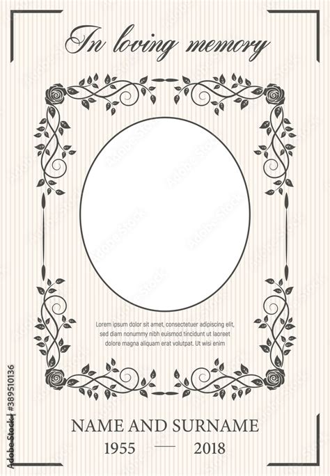 Funeral Card Vector Template With Oval Frame For Photo Condolence Rose