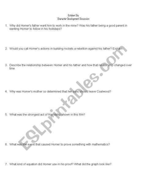 English Worksheets October Sky Movie Comprehension Questions — Db