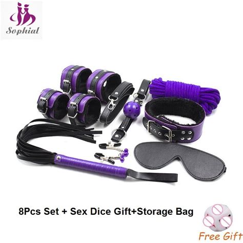 Purple 8 Pcs As Set Pu Leather Fleece Sex Toys Gag Whip Handcuffs Bondage Restraints 10m Cotton