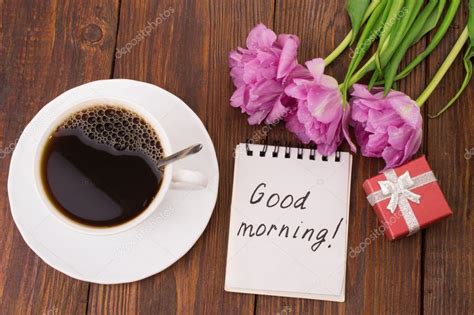 Cup Of Coffee Tulips And Good Morning Massage ⬇ Stock Photo Image By