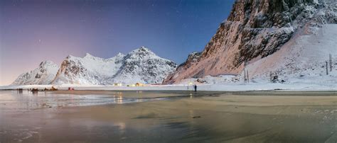 Astonishing Winter Scenery On Skagsanden Beach At Night With Starry Sky