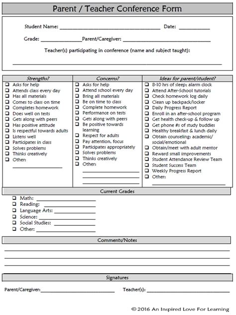 Parent Teacher Conference Form Parent Teacher Conference Forms