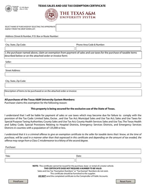 Texas Sales Tax Exemption Certificate Form