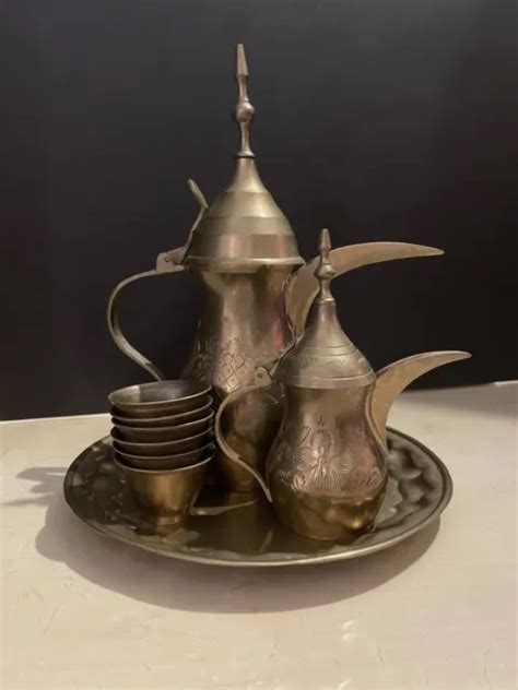 Vintage Brass Islamic Arabic Dallah Turkish Coffee Tea Pot Set Cups