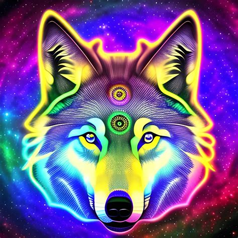 Realistic Psychedelic Trippy Semi Transparent Wolf In A Galactic