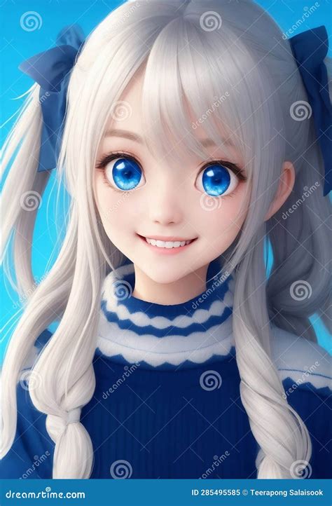 cute girl with long hair and big blue eyes generative ai illustration stock illustration