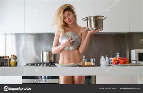 Sexy Nude Woman Preparing Food Kitchen Woman Wearing Sexy Pajama Stock