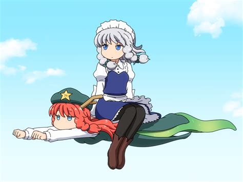 2girls Apron Blue Eyes Boots Braids Chinese Clothes Clouds Gray Hair Hat Headdress Hong Meiling
