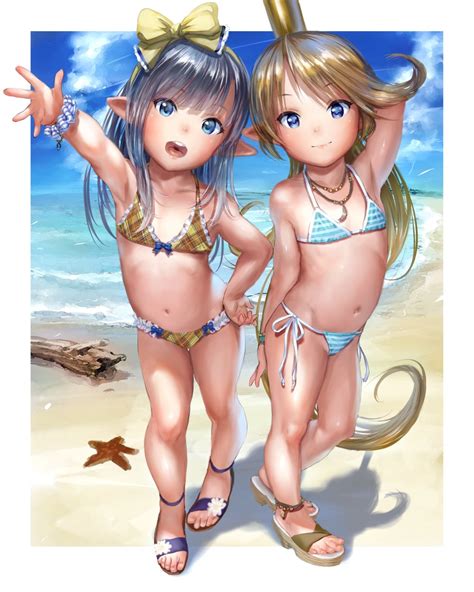 Safebooru 2girls Anklet Arm Up Asakuraf Bare Shoulders Beach Bikini Black Hair Blonde Hair