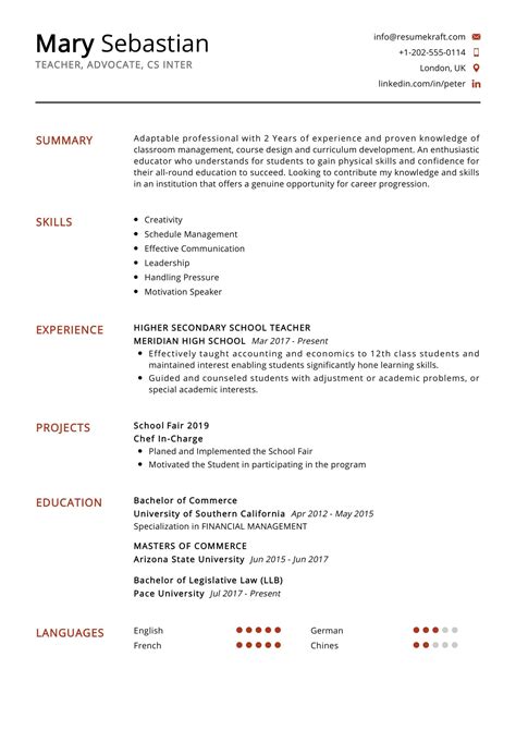 The resume for teacher job application can have different sections highlighting the experience and education level of the teacher. Secondary School Teacher Resume Sample - ResumeKraft