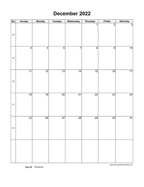 2022 December Calendar Blank Vertical Template Free Calendar