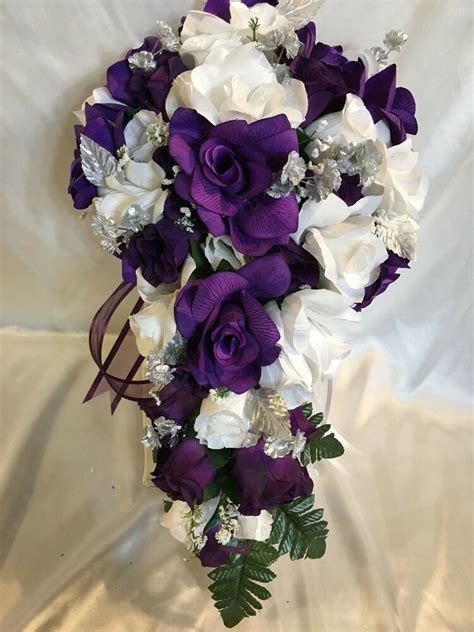 Febou wedding bouquet bridesmaid bouquet, bridal bouquet artificial flowers for wedding, party and church (purple bigger size). Wedding Bridal Bouquet Only Cascade Package Purple White ...