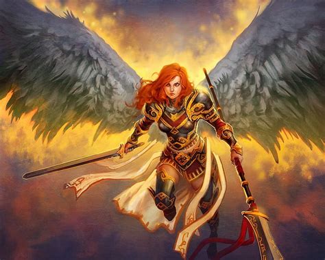 Red Head Angel Angel Spear Female Armour Fantasy Hd Wallpaper