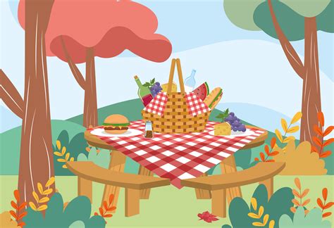 Picnic Basket With Tablecloth And Food On Table In Park Vector Art At Vecteezy