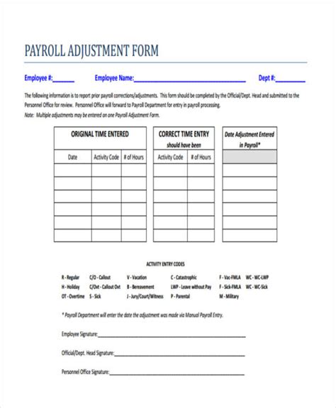 Payroll Adjustment Form Template