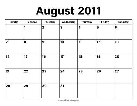 August 2011 Calendar Printable Old Calendars
