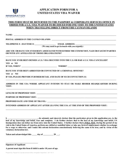 Application Form For A Us Visa Waiver Free Download