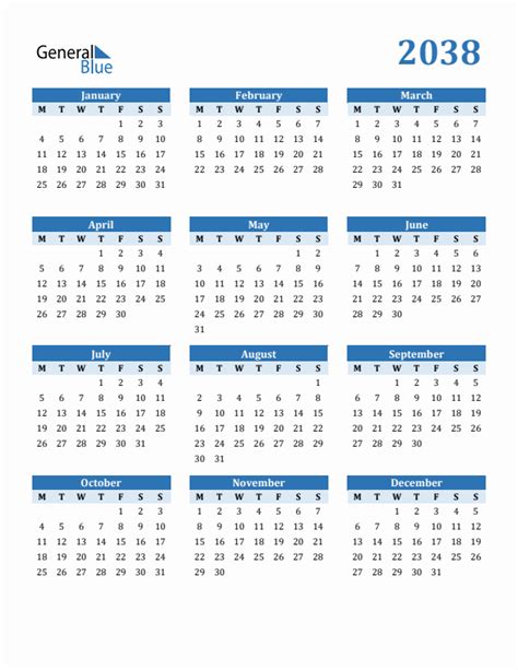 2038 Yearly Calendar Templates With Monday Start
