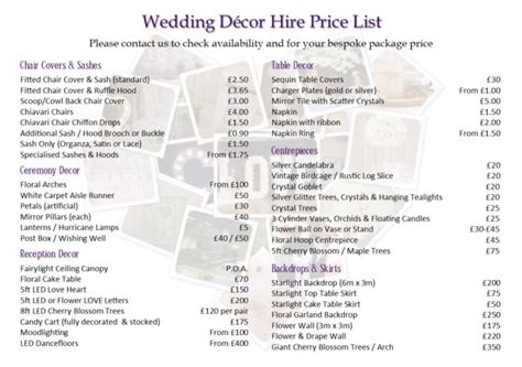 Venue Décor Pricelist - Purple Willow Weddings