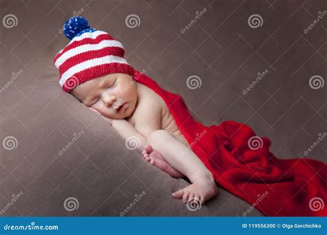 Newborn Baby Wearing A Usa Flag Knitted Hat Stock Photo Image Of