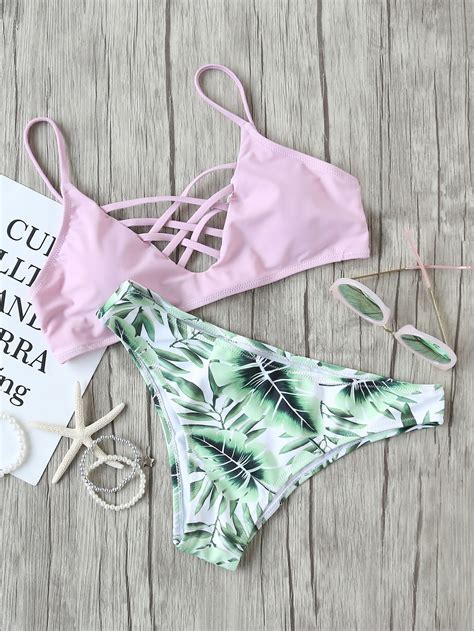 Pink Leaf Print Criss Cross Mix And Match Bikini Set German Sheinsheinside