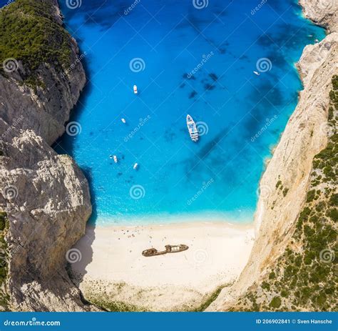 Aerial Top Down View To The Popular Navagio Shipwreck Beach On
