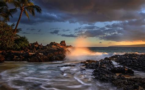 Hawaii Maui Sunset Coast Ocean Waves Palm Trees Makena Cove