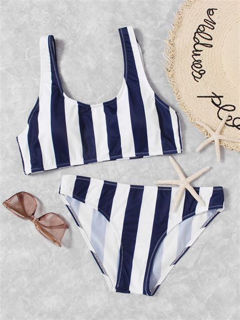 Double Scoop Striped Bikini Set Striped Bikini Sets Bikinis Striped