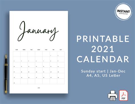 2021 Calendar Template Printable 2021 Calendar Calendar Etsy