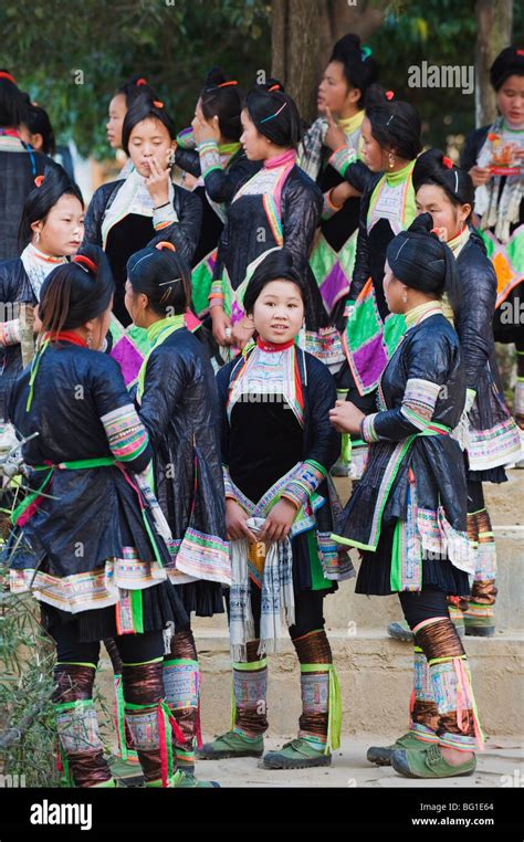 Miao Ethnic Minority Group In Traditional Clothing At Basha Guizhou Province China Asia Stock