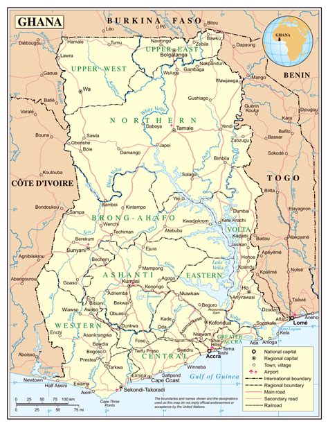 Ghana is located at a latitude of 7.9465° n, and longitude of 1.0232° w. Large detailed political and administrative map of Ghana with roads, railroads, cities and ...