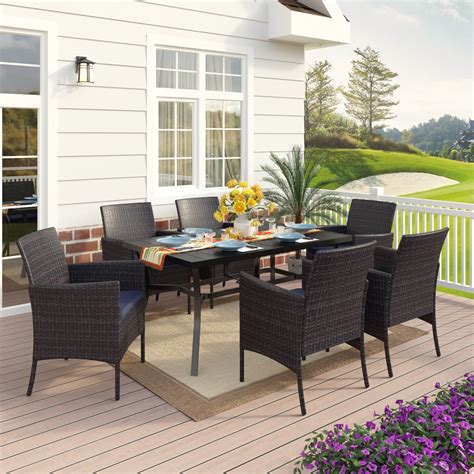 Mf Studio 7 Piece Outdoor Patio Dining Set With 6 Rattan Dining Chairs