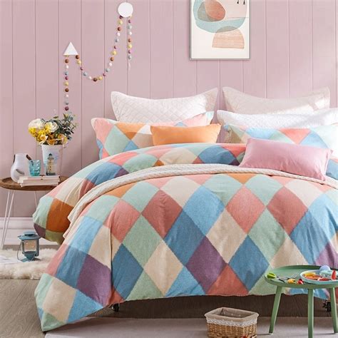 Light Blue Coral And Orange Checkered Plaid Full Queen Size Bedding